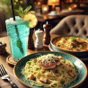 Carbonara Crispy Chicken Fillet with Blue Lagoon Beverages